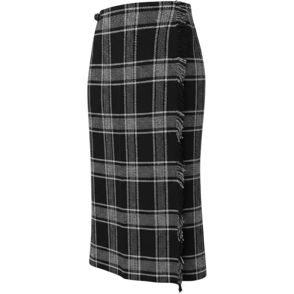 Talbots Italian Wool Blend Plaid Wrap Midi Skirt Black White Fringe Trim 14